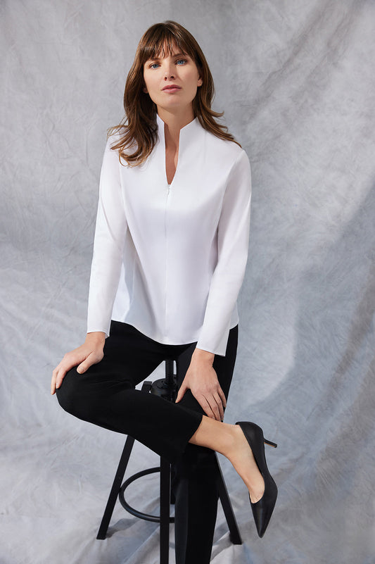 Long Sleeve Zip-Up Cotton Poplin Blouse, White