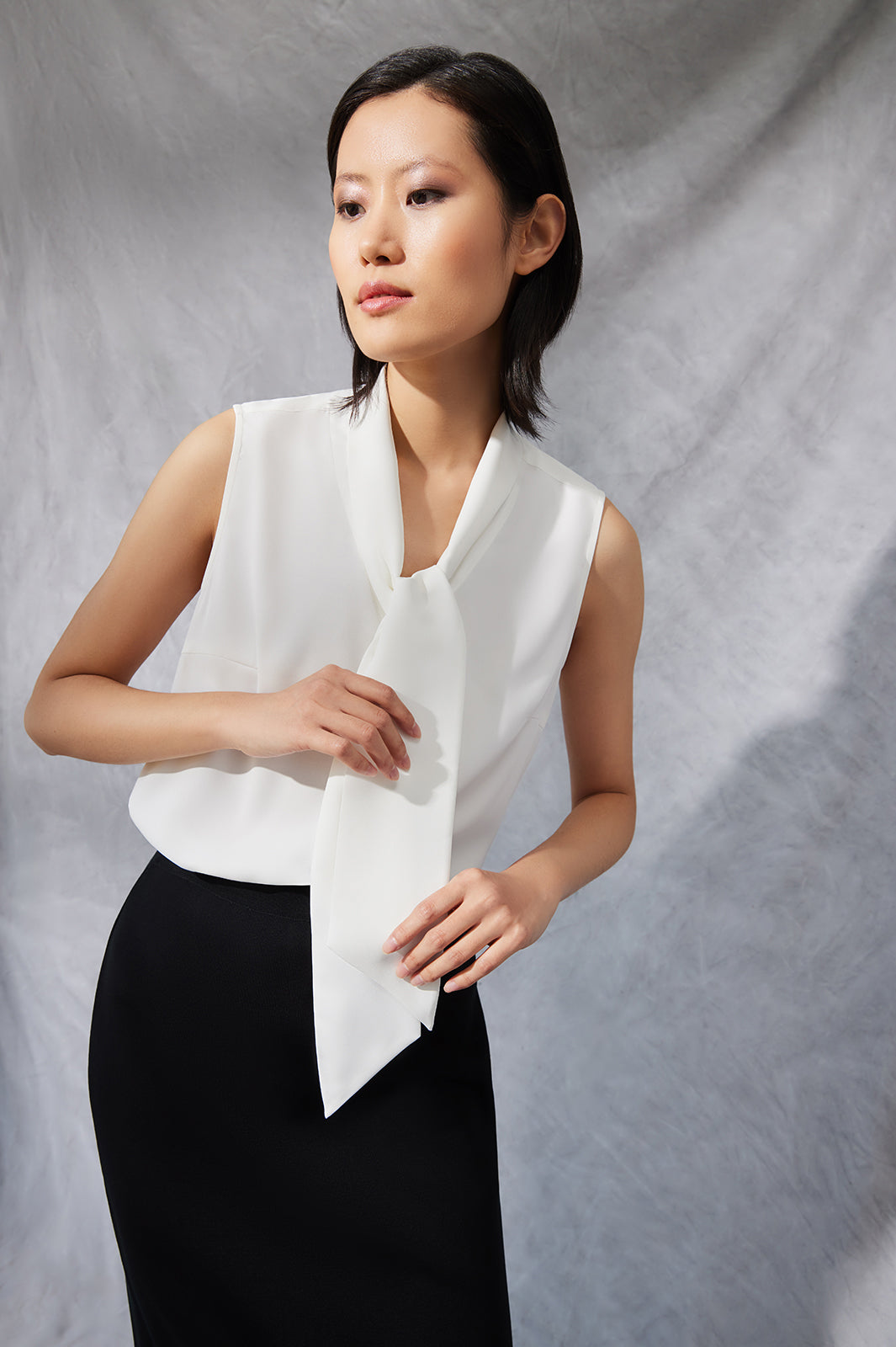 Plus Size Drape Tie-Neck Crepe de Chine Blouse, White