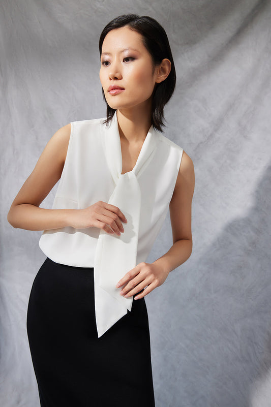 Plus Size Drape Tie-Neck Crepe de Chine Blouse, White