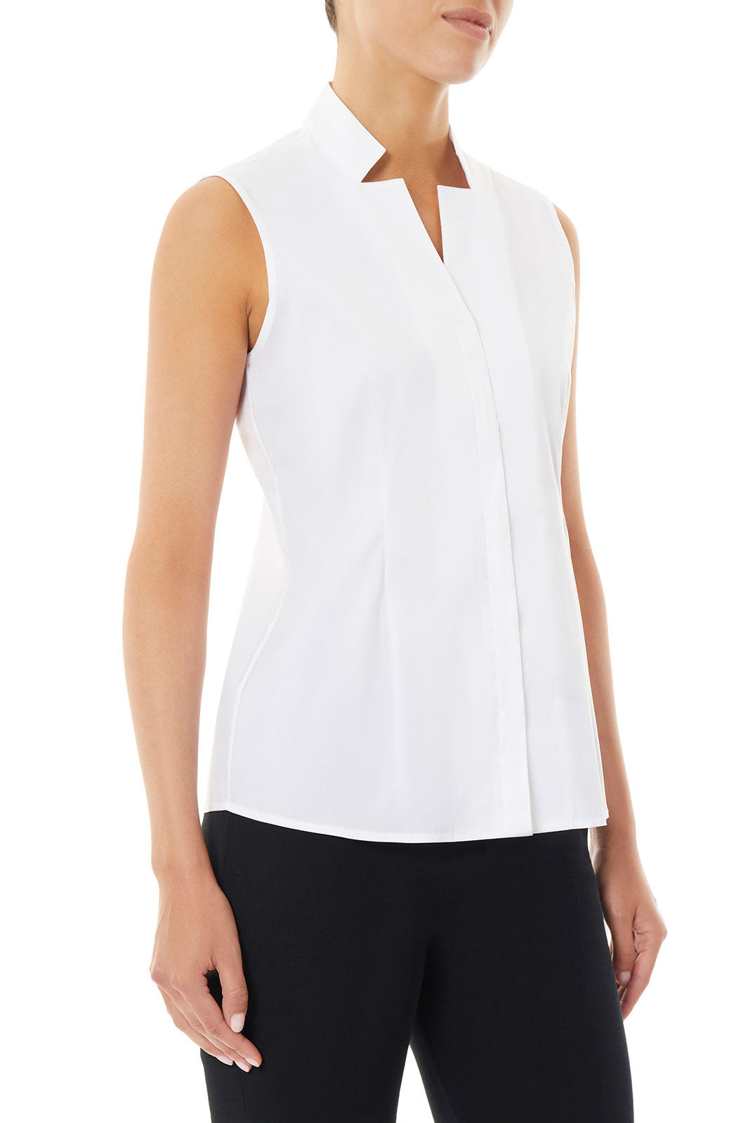Sleeveless Notched Collar Stretch Cotton Shirt