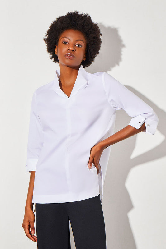 Plus Size Cuff Sleeve High-Low Cotton Blouse | Ming Wang