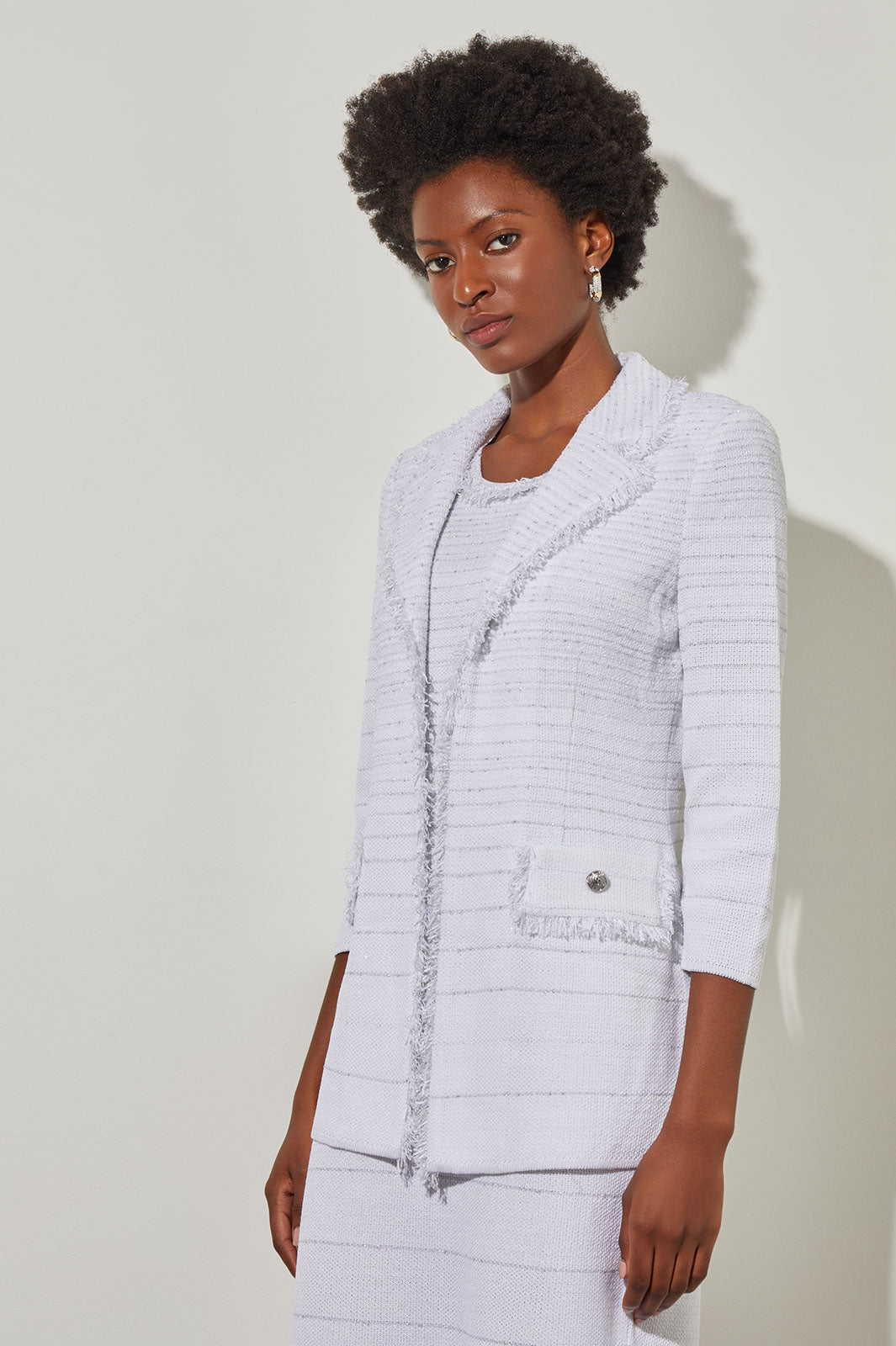 Plus Size Notch Collar Jacket - Stripe Shimmer Knit | Ming Wang