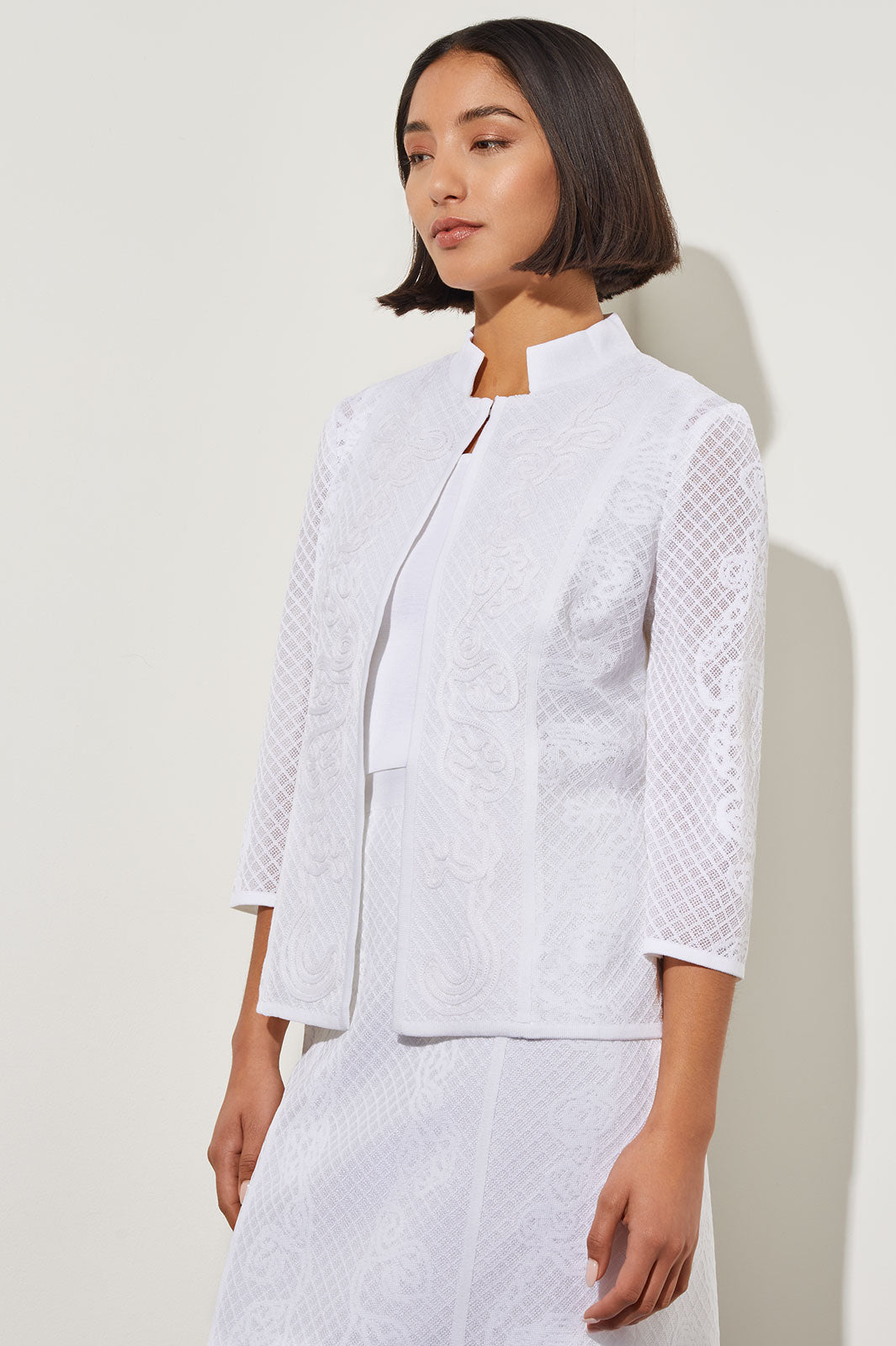 Plus Size Mandarin Collar Jacket - Soutache Jacquard Knit | Ming Wang