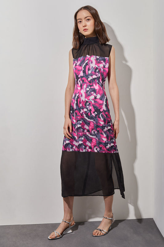 Midi Sheath Dress - Gathered Mock Neck Floral Woven | Ming Wang