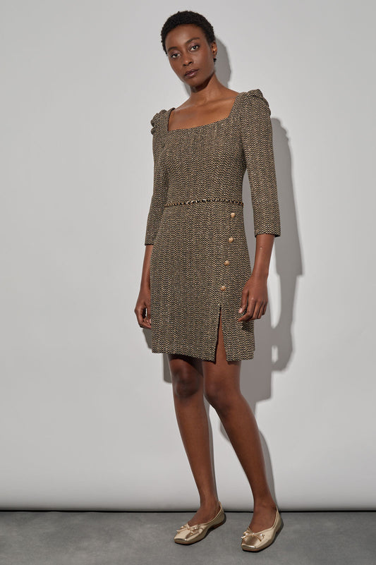 Modern Fit Lurex Knit Square Neck Above-the-Knee Dress, Black/Gold | Ming Wang