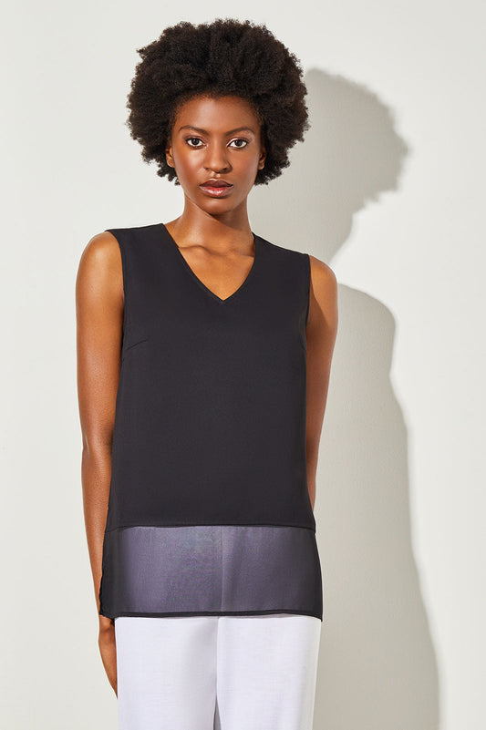 Sheer Hem Crepe de Chine Tank, Black | Ming Wang