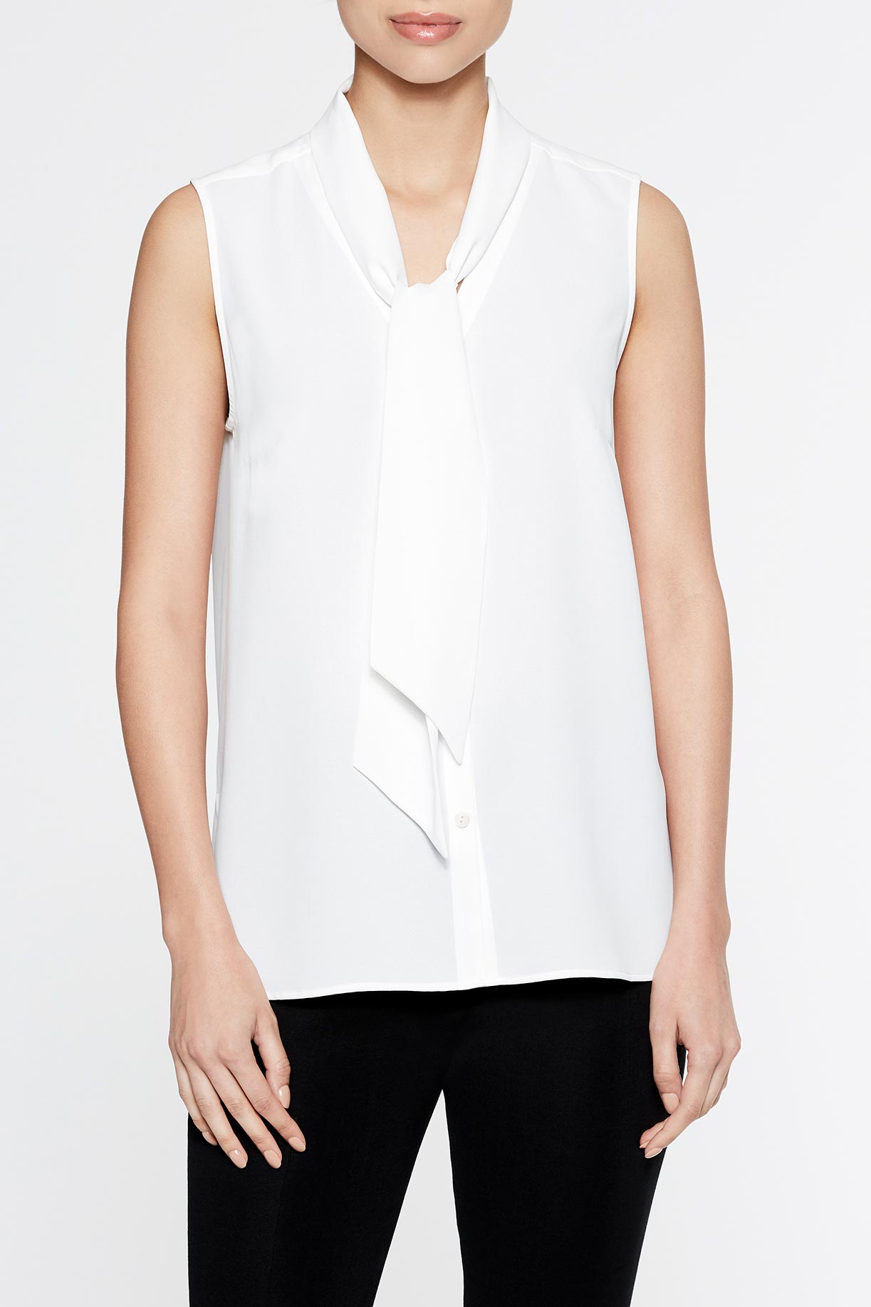Plus Size Drape Tie-Neck Crepe de Chine Blouse, White