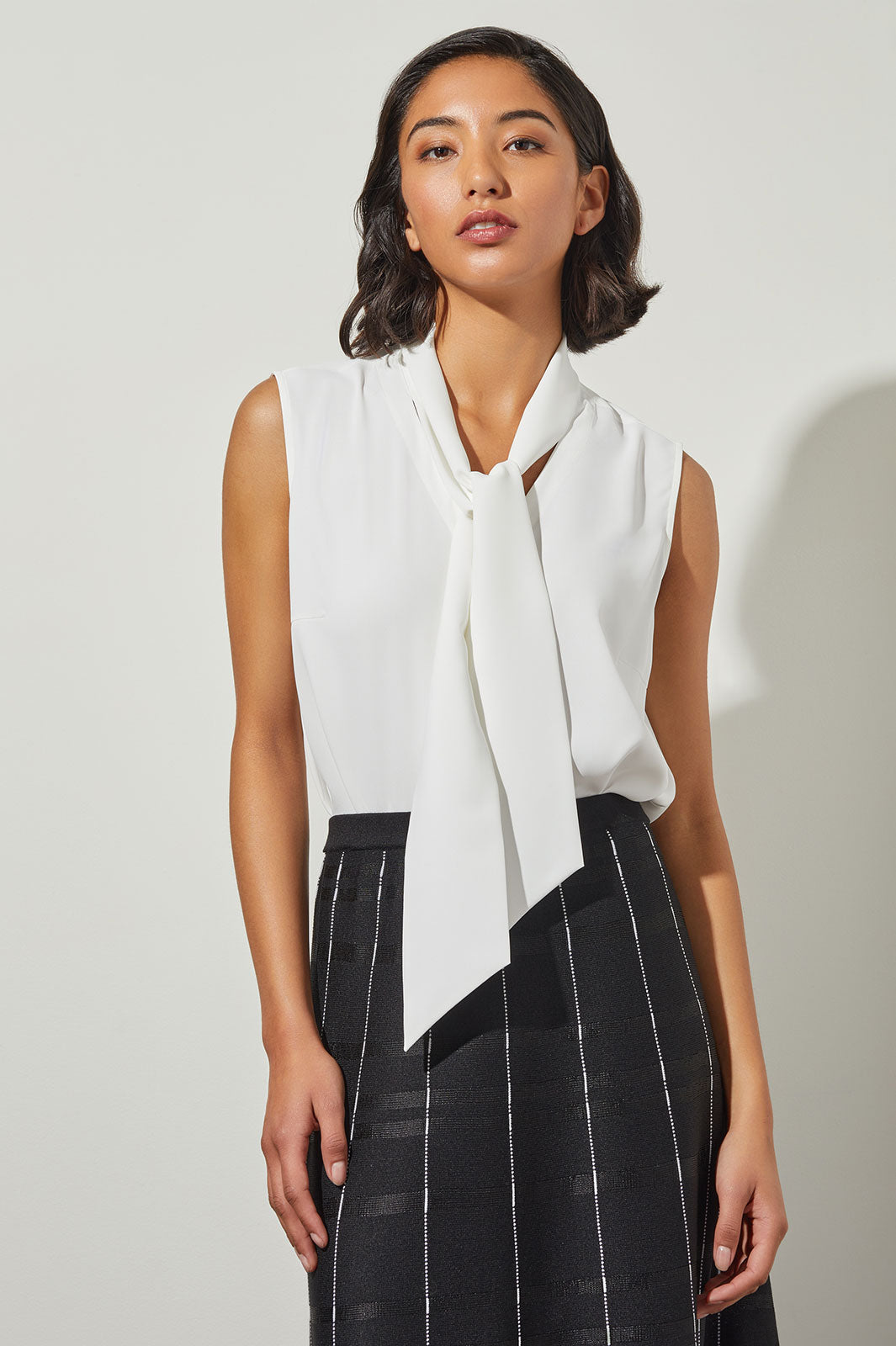 Plus Size Drape Tie-Neck Crepe de Chine Blouse, White | Ming Wang