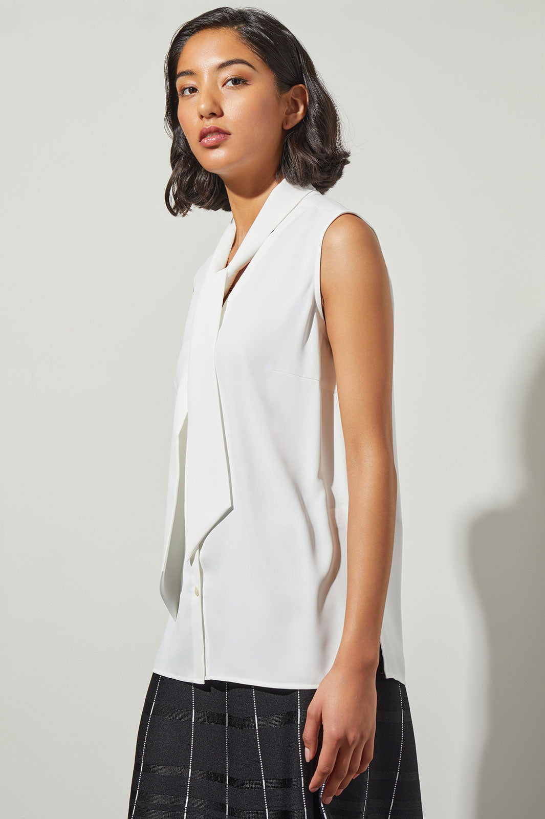 Plus Size Drape Tie-Neck Crepe de Chine Blouse, White