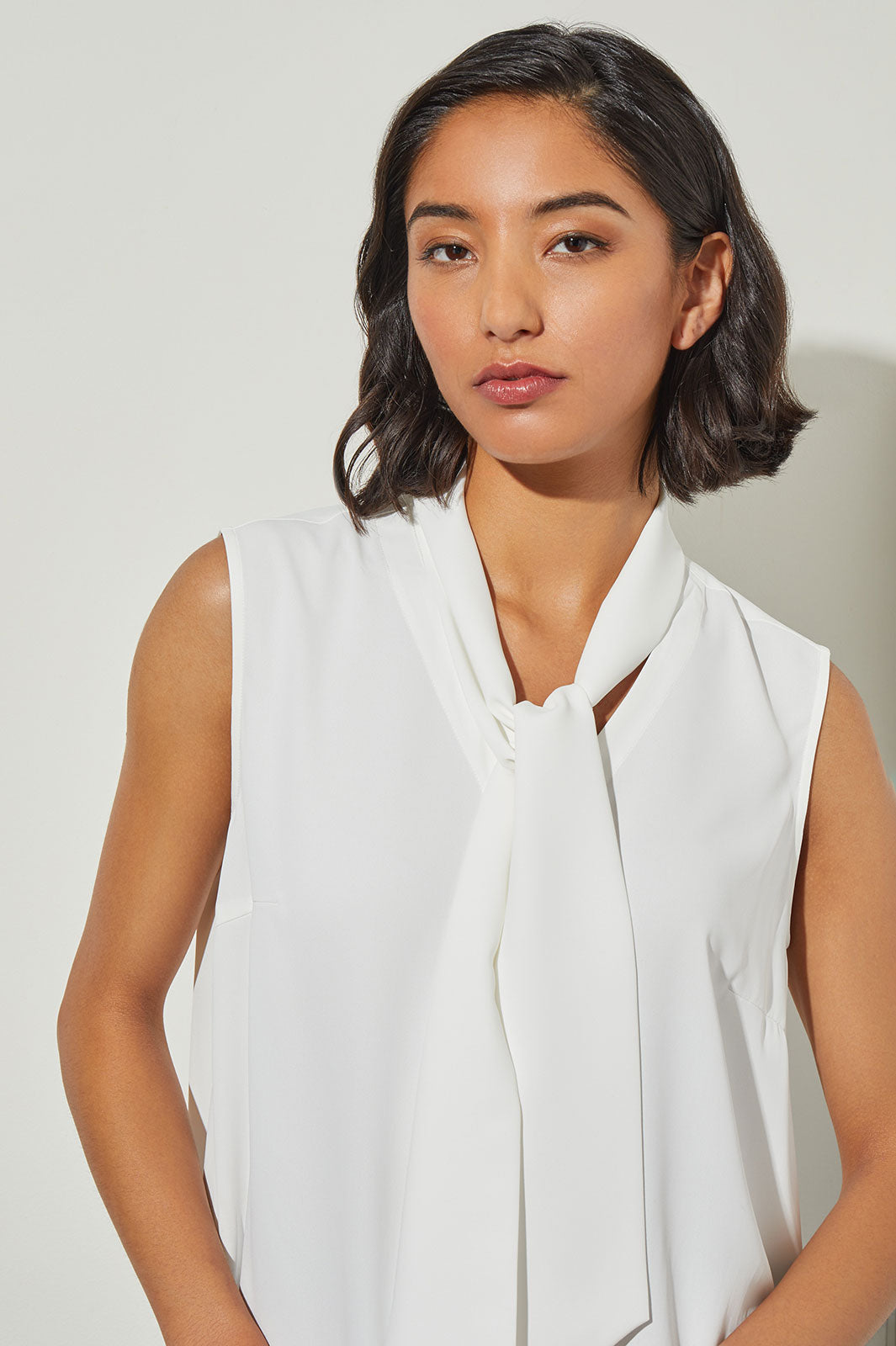 Plus Size Drape Tie-Neck Crepe de Chine Blouse, White