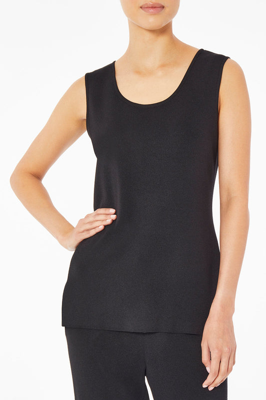 Long Scoop Neck Easy-Care Soft Knit Tank, Black | Ming Wang