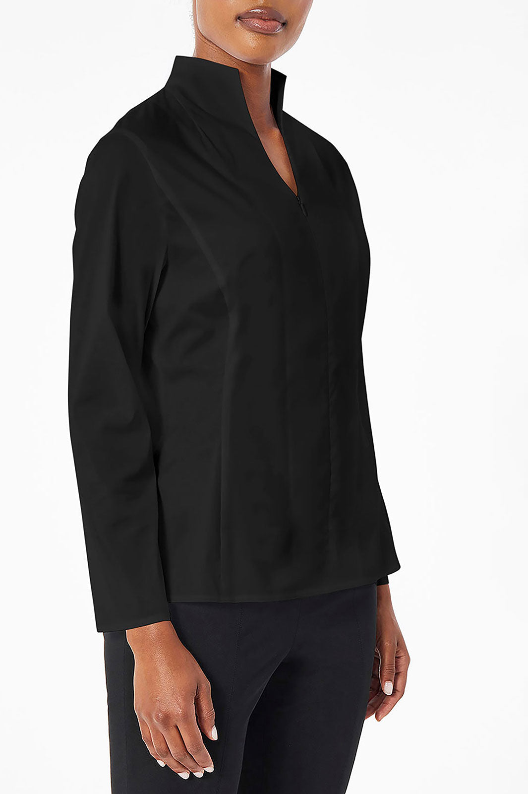 Long Sleeve Zip-Up Cotton Poplin Blouse, Black