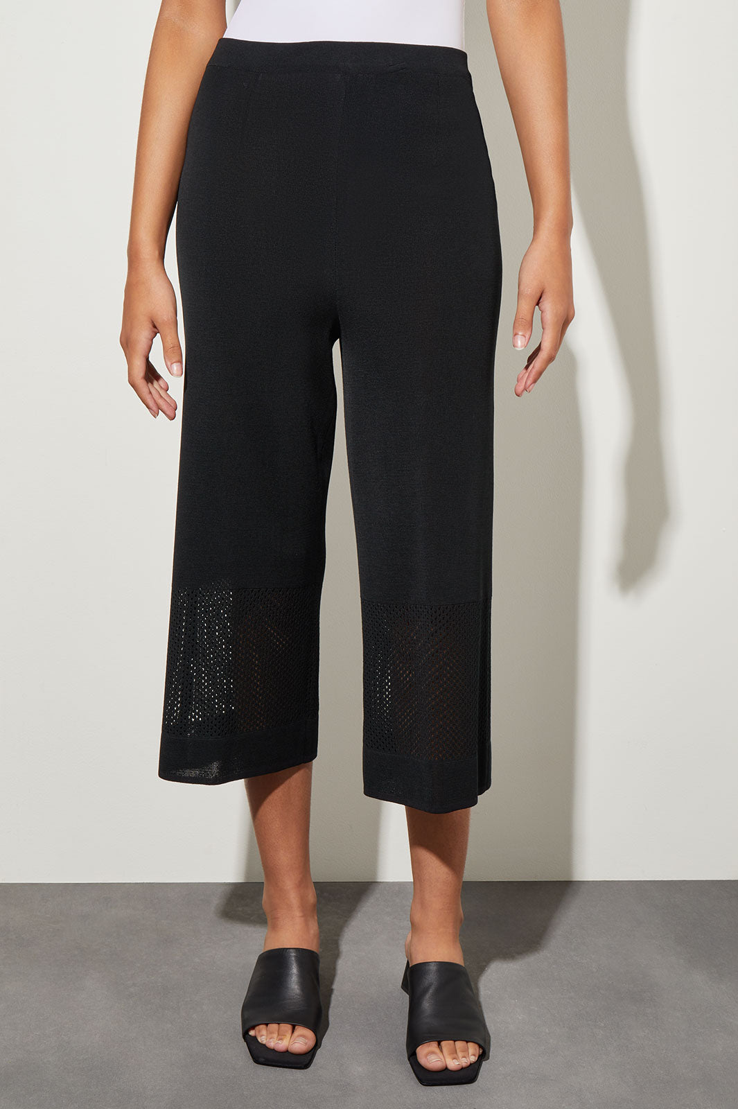Pull-On Wide Leg Cropped Pant - Knit Burnout Detail, Black | Ming Wang