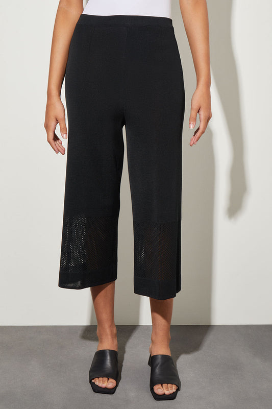 Pull-On Wide Leg Cropped Pant - Knit Burnout Detail, Black | Ming Wang
